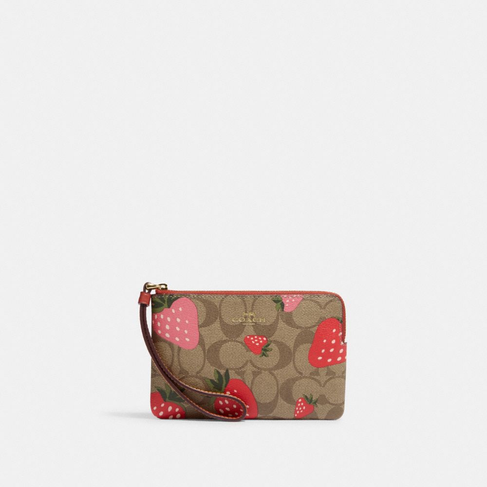 Corner Zip Wristlet In Signature Canvas With Wild Strawberry Print - CH166 - Gold/Khaki Multi