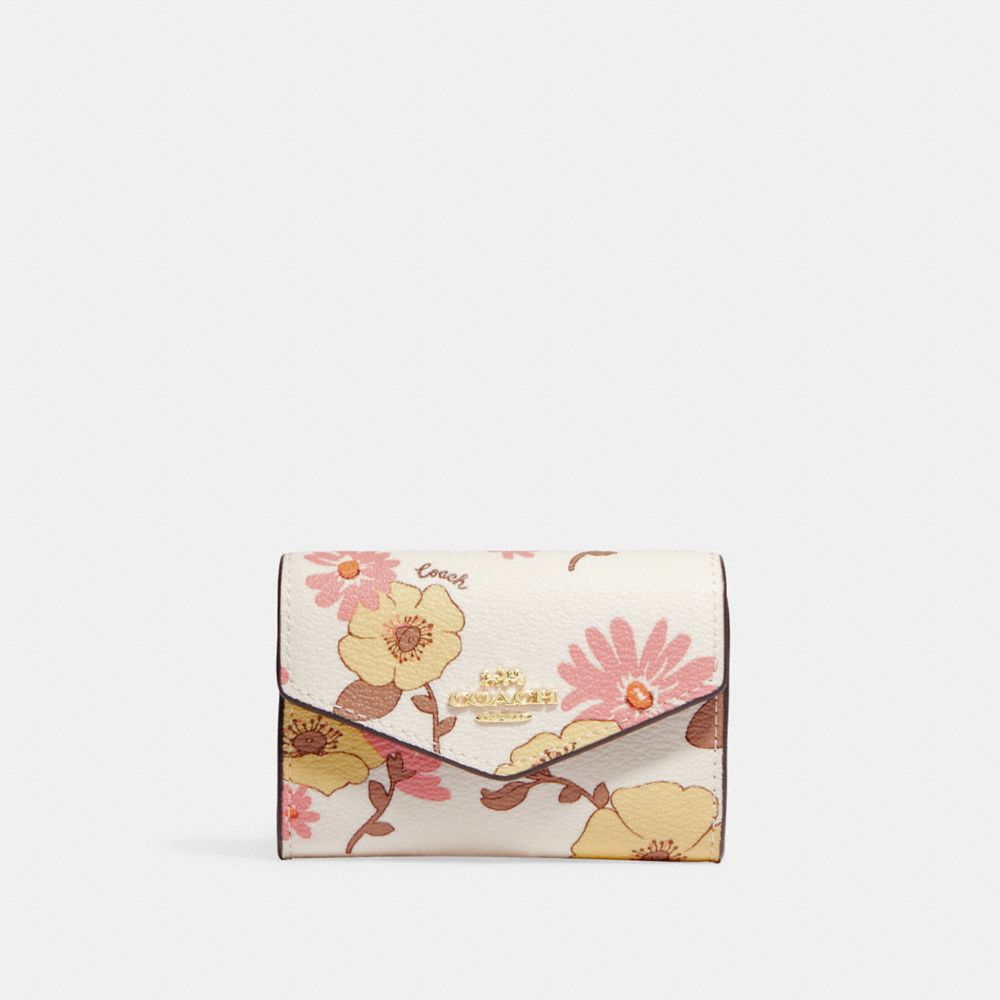 COACH CH203 Flap Card Case With Floral Cluster Print Gold/Chalk Multi