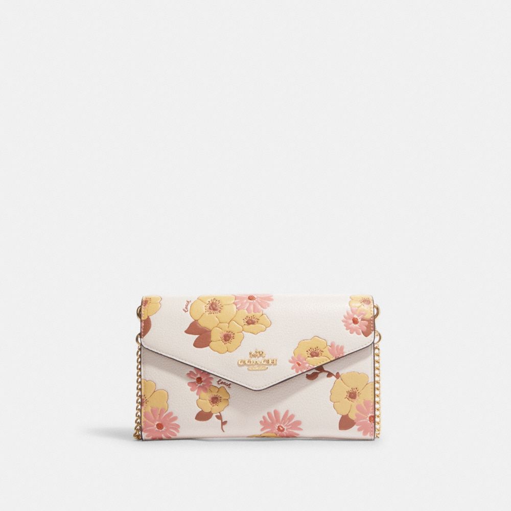 COACH CH205 Envelope Clutch Crossbody With Floral Cluster Print Gold/Chalk Multi