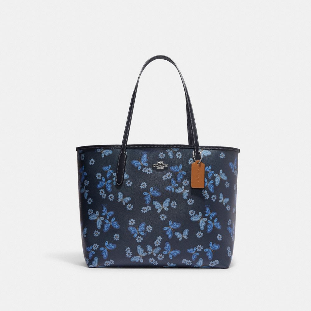 COACH CH211 City Tote With Lovely Butterfly Print SILVER/MIDNIGHT NAVY MULTI