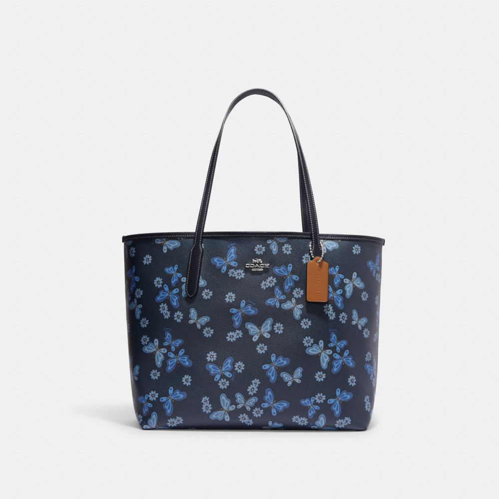 COACH CH211 City Tote With Lovely Butterfly Print Silver/Midnight Navy Multi