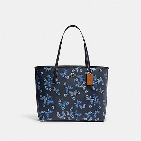 COACH CH211 City Tote With Lovely Butterfly Print Silver/Midnight Navy Multi
