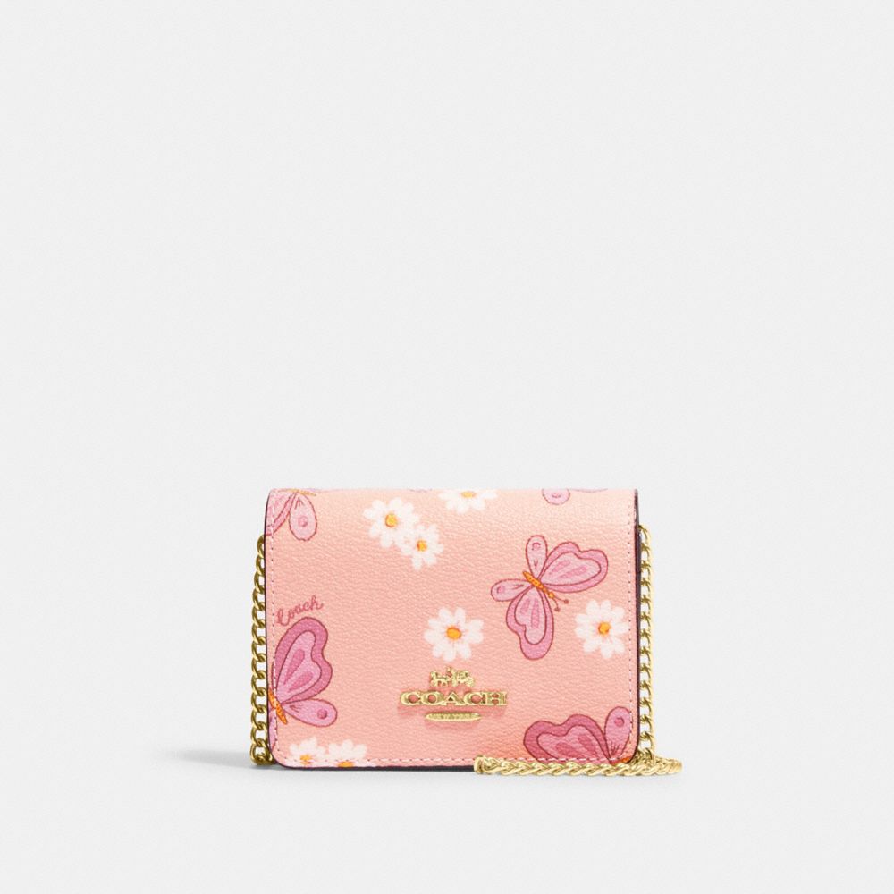 Mini Wallet On A Chain With Lovely Butterfly Print - CH254 - Gold/Shell Pink Multi