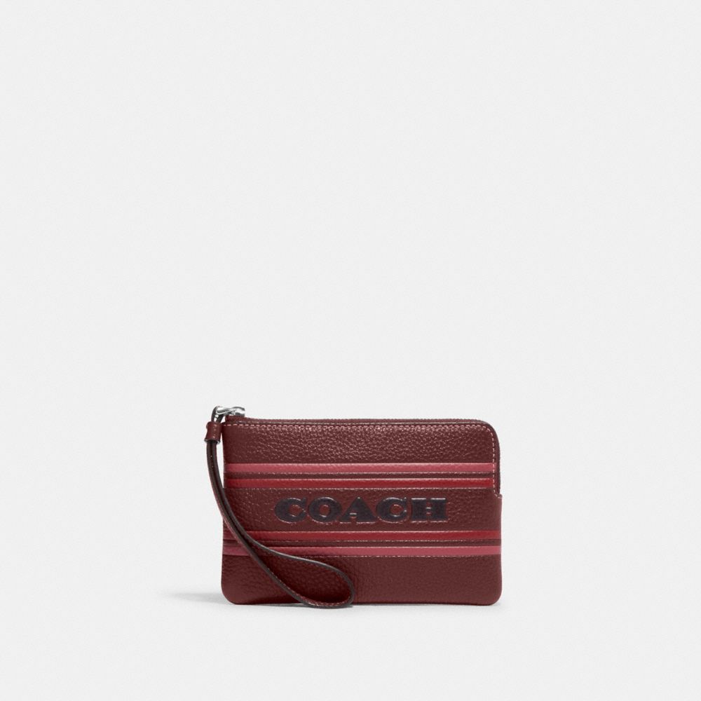 COACH CH311 Corner Zip Wristlet With Coach Stripe SILVER/WINE MULTI