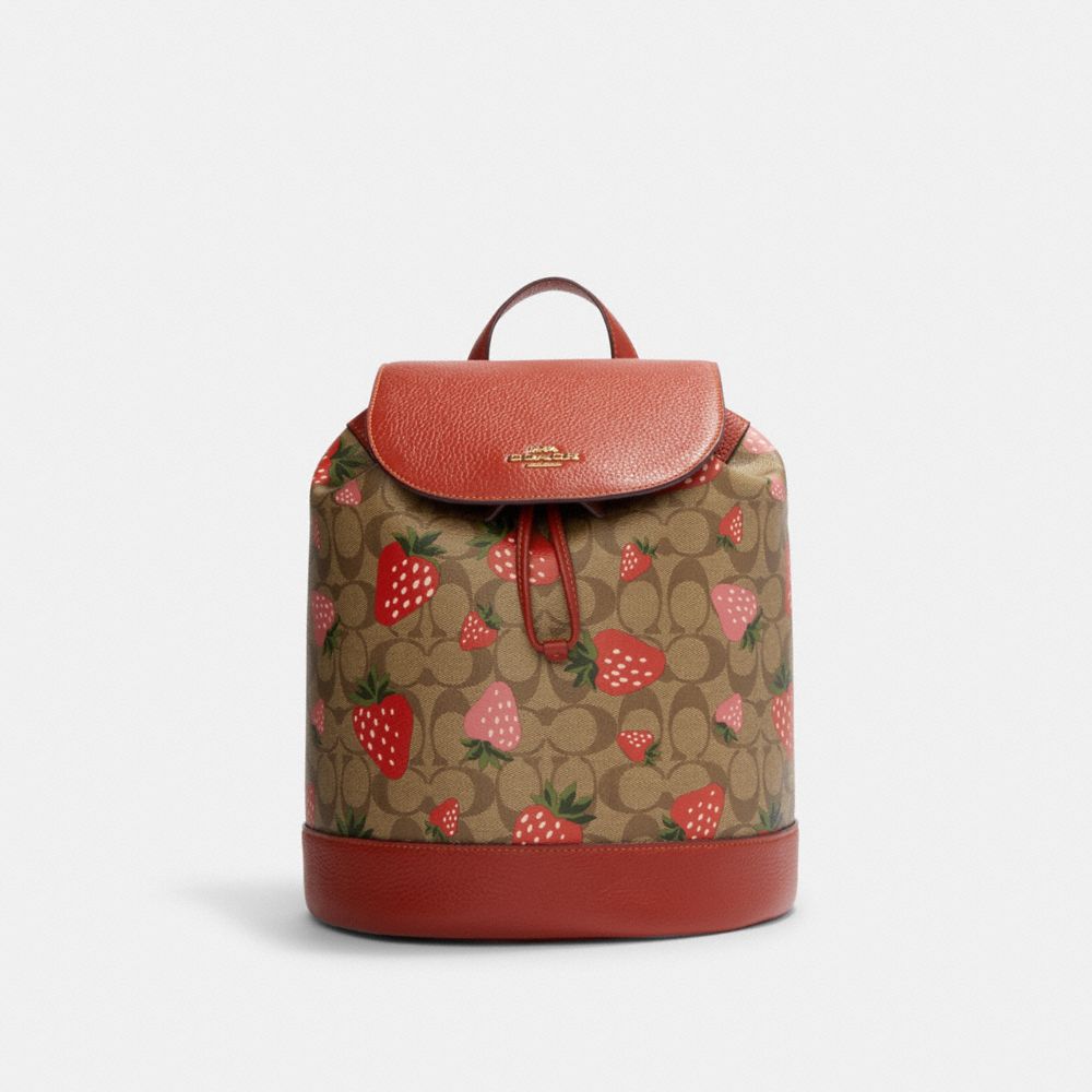 COACH CH326 Dempsey Drawstring Backpack In Signature Canvas With Wild Strawberry Print GOLD/KHAKI MULTI