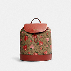 Dempsey Drawstring Backpack In Signature Canvas With Wild Strawberry Print - CH326 - Gold/Khaki Multi