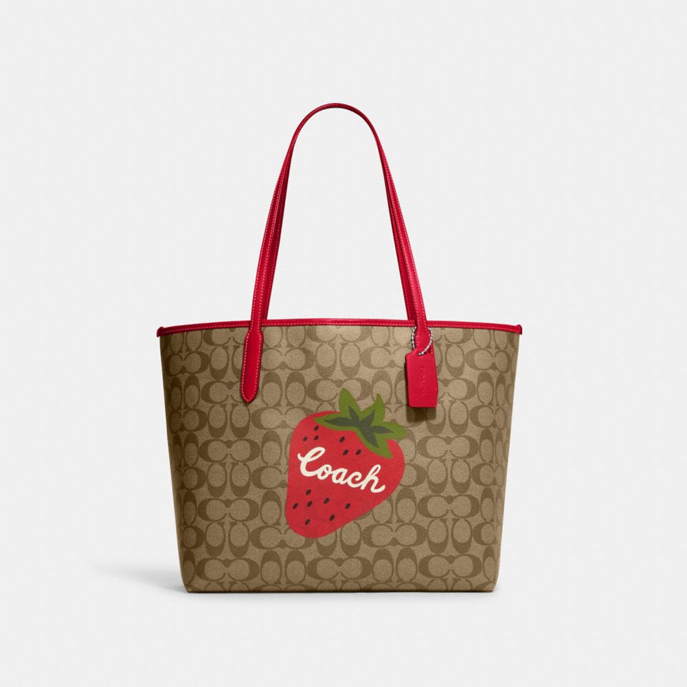 COACH CH329 City Tote In Signature Canvas With Wild Strawberry SILVER/KHAKI/ELECTRIC RED