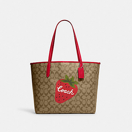 COACH CH329 City Tote In Signature Canvas With Wild Strawberry Silver/Khaki/Electric Red