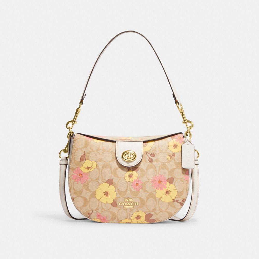 Ella Hobo In Signature Canvas With Floral Cluster Print - CH347 - Gold/Light Khaki Multi