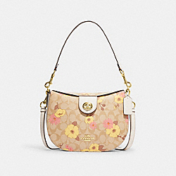 Ella Hobo In Signature Canvas With Floral Cluster Print - CH347 - Gold/Light Khaki Multi