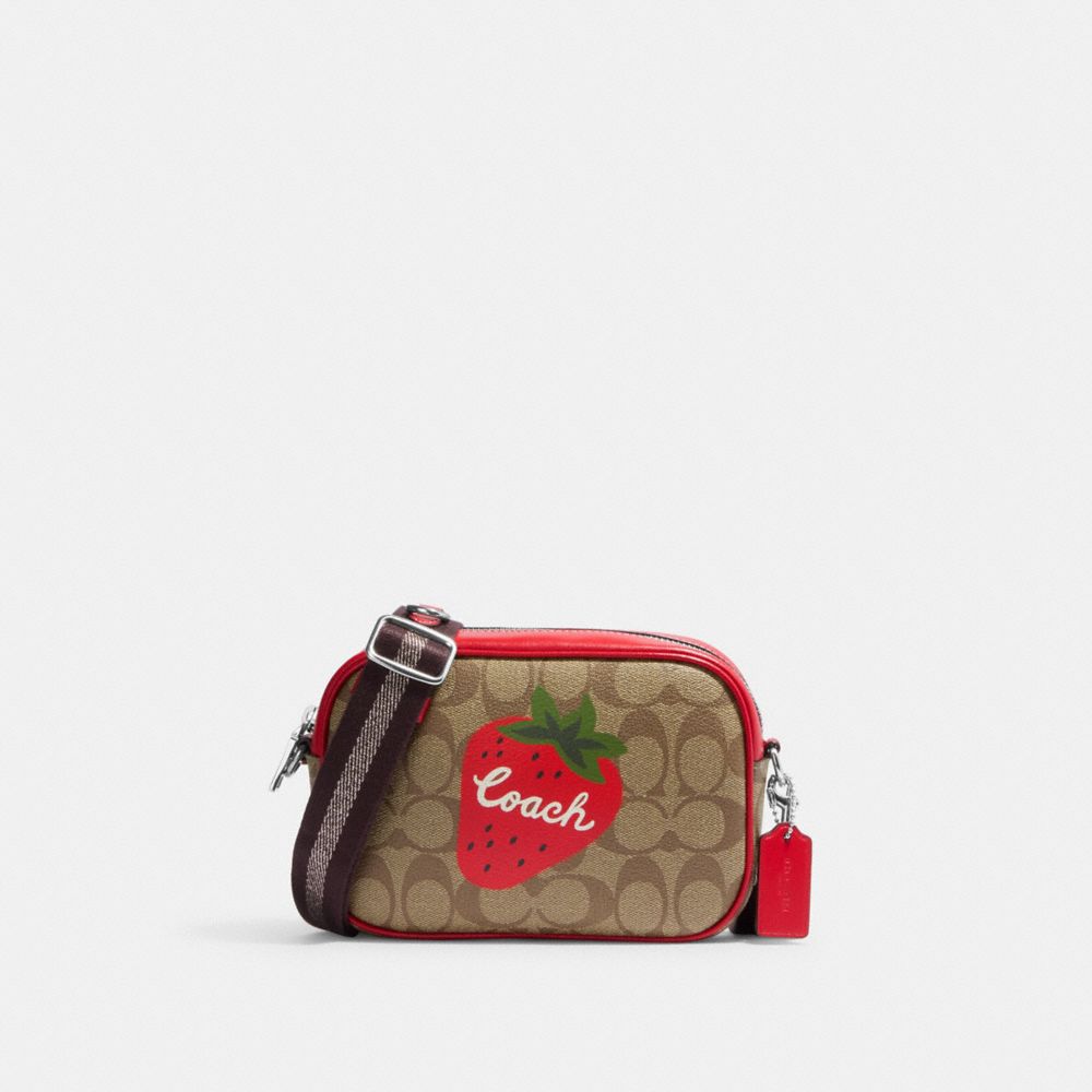Mini Jamie Camera Bag In Signature Canvas With Wild Strawberry - CH351 - Silver/Khaki/Electric Red
