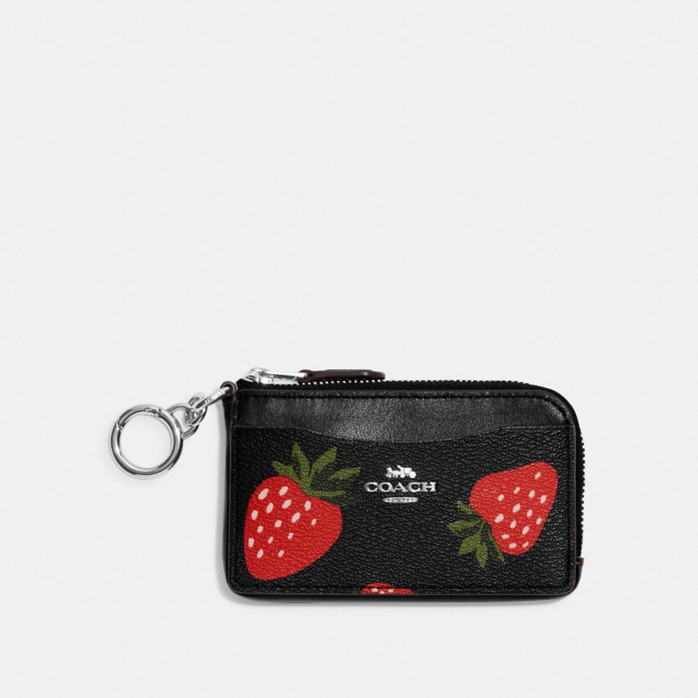 COACH CH352 Multifunction Card Case With Wild Strawberry Print SILVER/BLACK MULTI