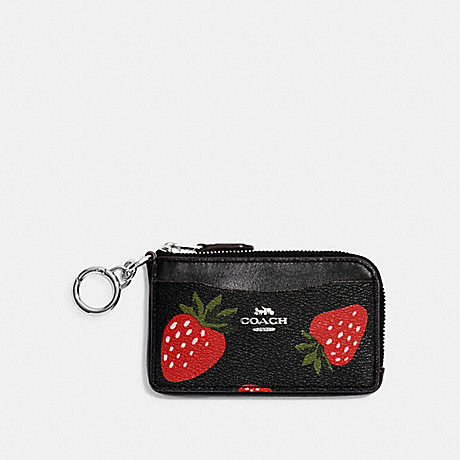 COACH CH352 Multifunction Card Case With Wild Strawberry Print Silver/Black-Multi
