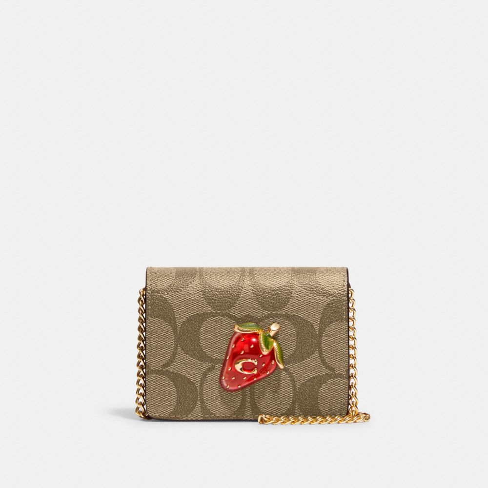 COACH CH355 Mini Wallet On A Chain In Signature Canvas With Strawberry IM/KHAKI/ELECTRIC RED