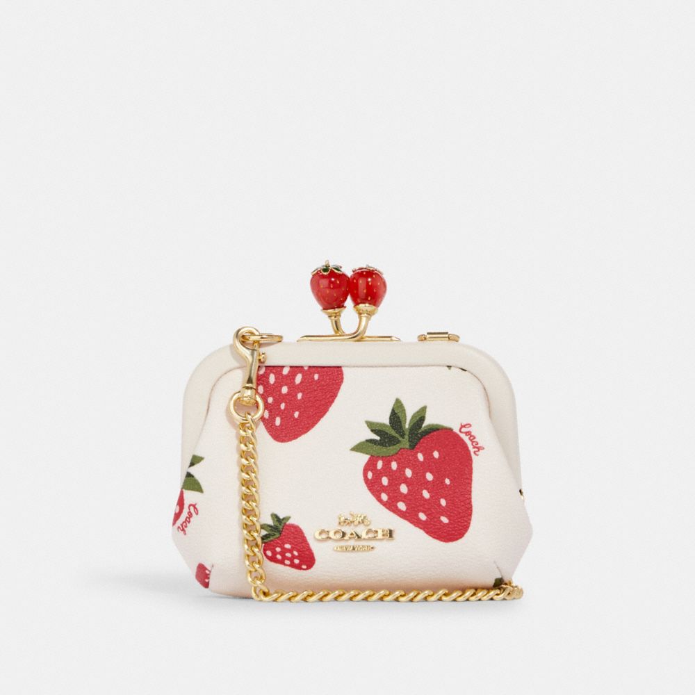 COACH CH356 Nora Kisslock Card Case With Wild Strawberry Print Gold/Chalk Multi