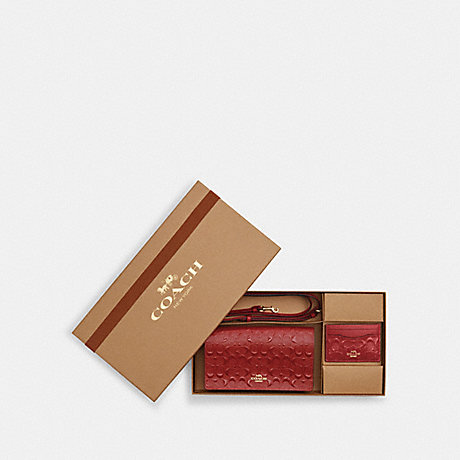 COACH CH359 Boxed Anna Foldover Clutch Crossbody And Card Case Set In Signature Leather Gold/Electric-Red