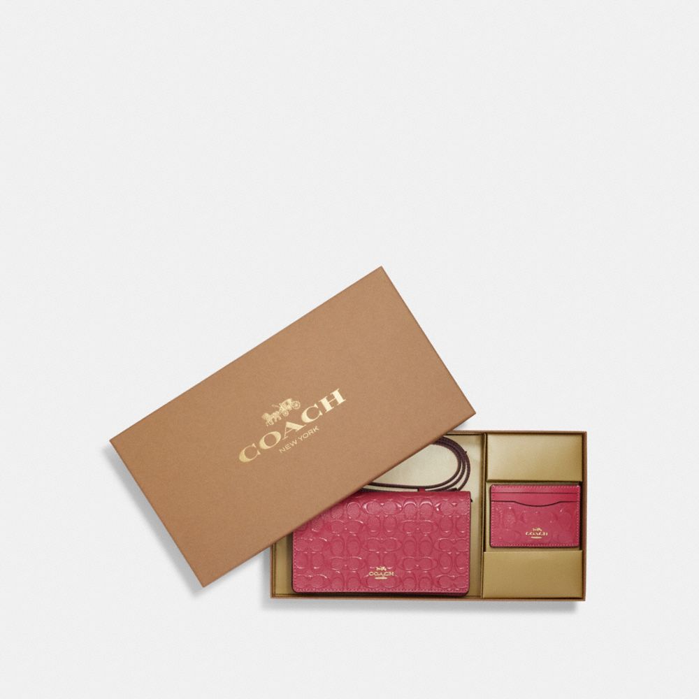 COACH CH359 Boxed Anna Foldover Clutch Crossbody And Card Set In Signature Leather Gold/Strawberry Haze