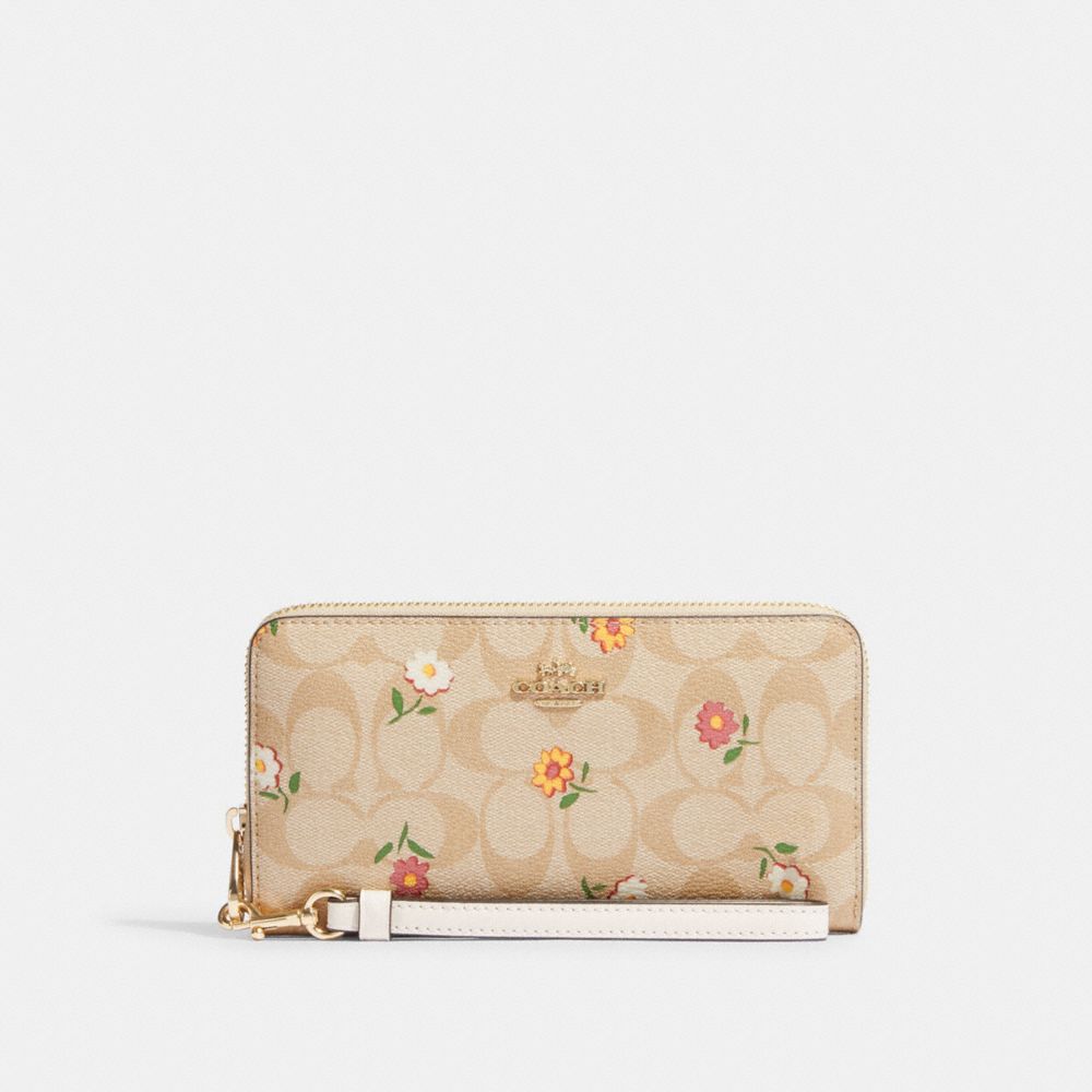 COACH CH360 Long Zip Around Wallet In Signature Canvas With Nostalgic Ditsy Print GOLD/LIGHT KHAKI MULTI
