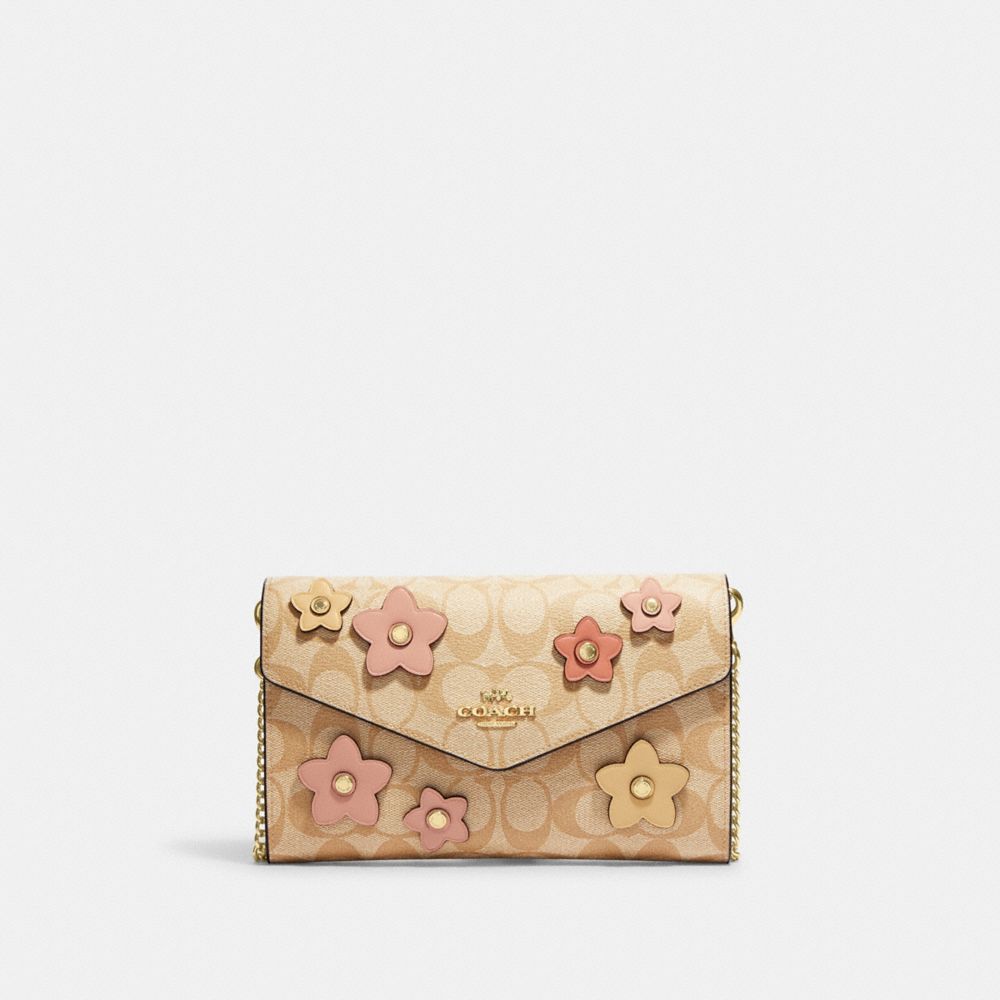 COACH CH361 Envelope Clutch Crossbody In Signature Canvas With Floral Applique Gold/Light Khaki Multi