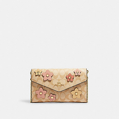 COACH CH361 Envelope Clutch Crossbody In Signature Canvas With Floral Applique Gold/Light-Khaki-Multi