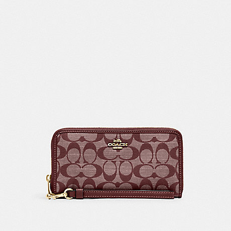 COACH CH369 Long Zip Around Wallet In Signature Chambray Gold/Wine-Multi