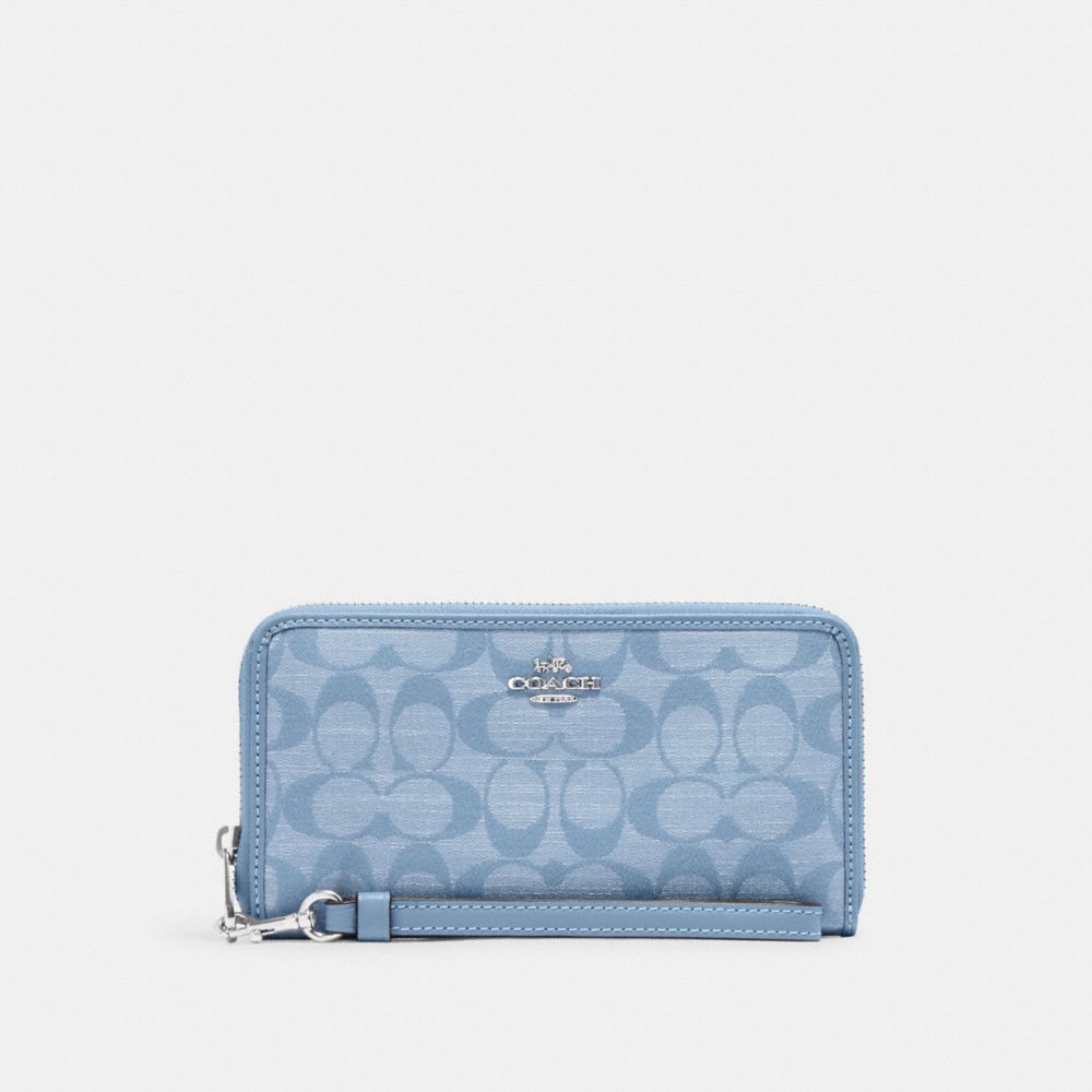 COACH CH369 Long Zip Around Wallet In Signature Chambray SILVER/CORNFLOWER MULTI