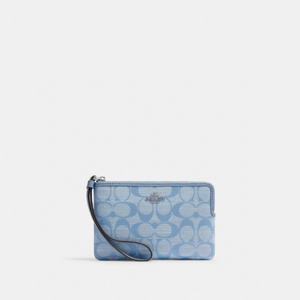 Corner Zip Wristlet In Signature Chambray - CH371 - Silver/Cornflower Multi