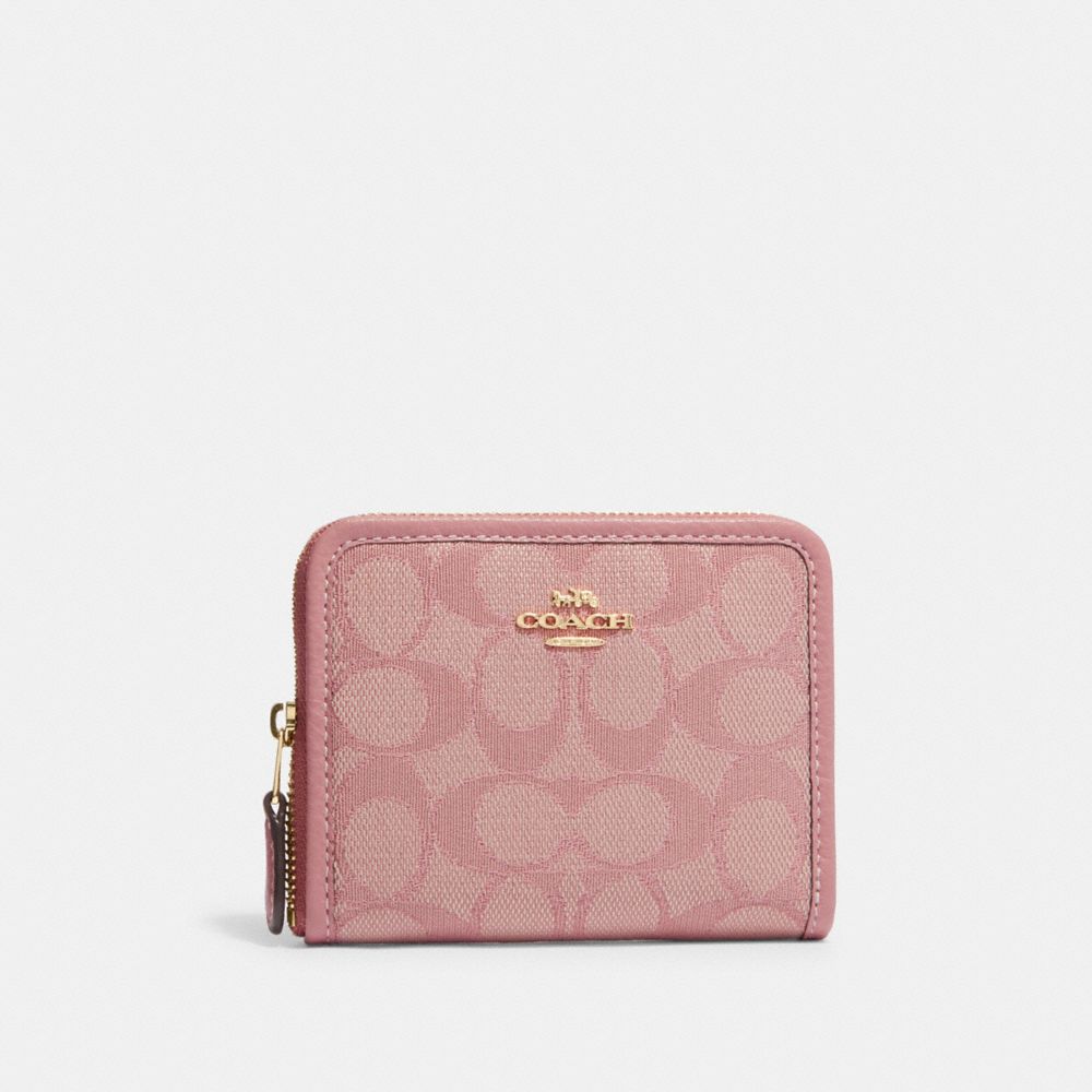 COACH CH389 Small Zip Around Wallet In Signature Jacquard IM/TRUE PINK KHAKI MULTI