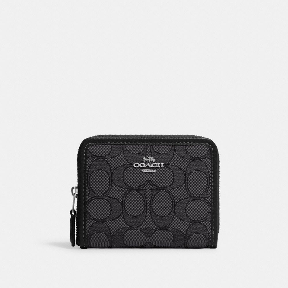 COACH CH389 Small Zip Around Wallet In Signature Jacquard Silver/Black Smoke Black Multi