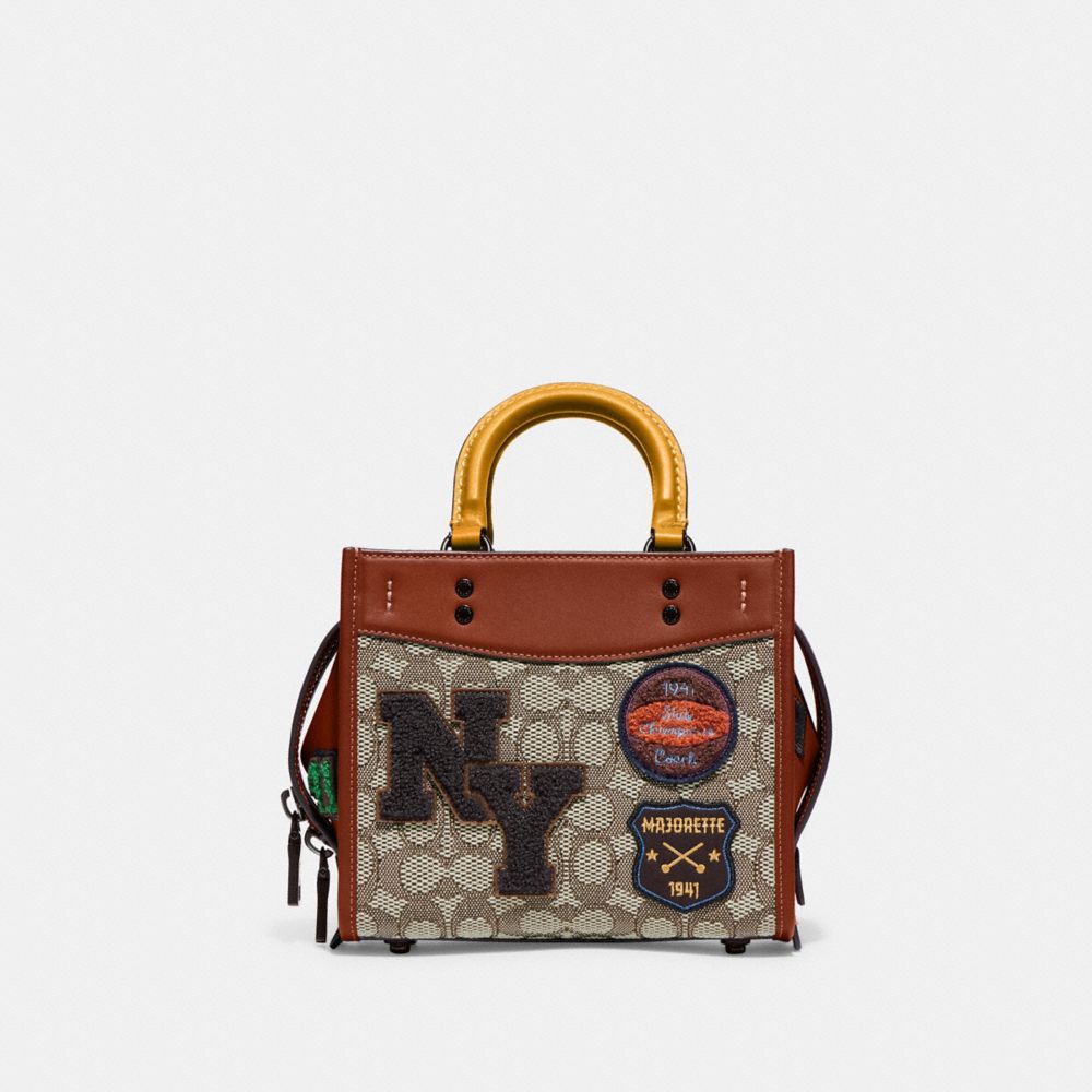 COACH CH390 Rogue 20 In Signature Textile Jacquard With Varsity Patches PEWTER/MUSTARD BURNISHED AMBER