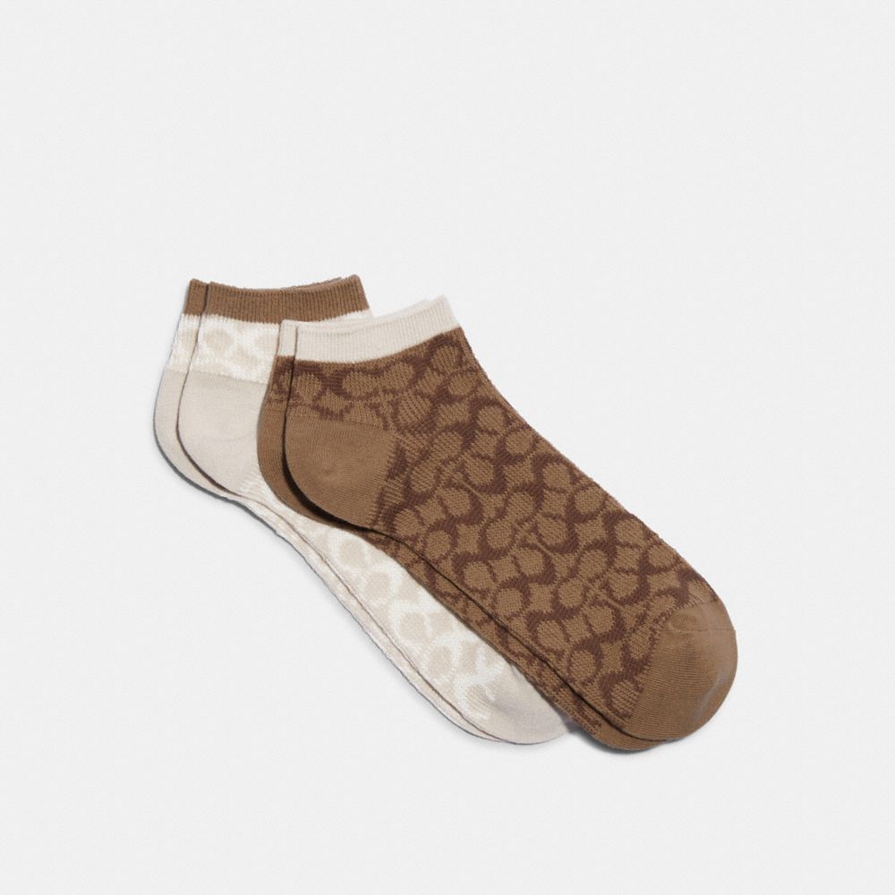 COACH CH395 Signature Ankle Length Socks Khaki/Chalk