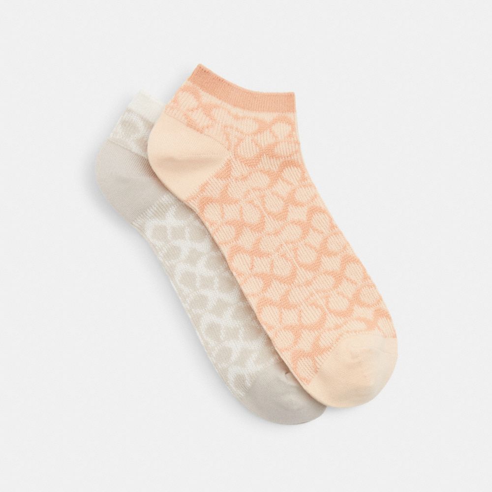 COACH CH395 Signature Ankle Socks CORAL/CHALK