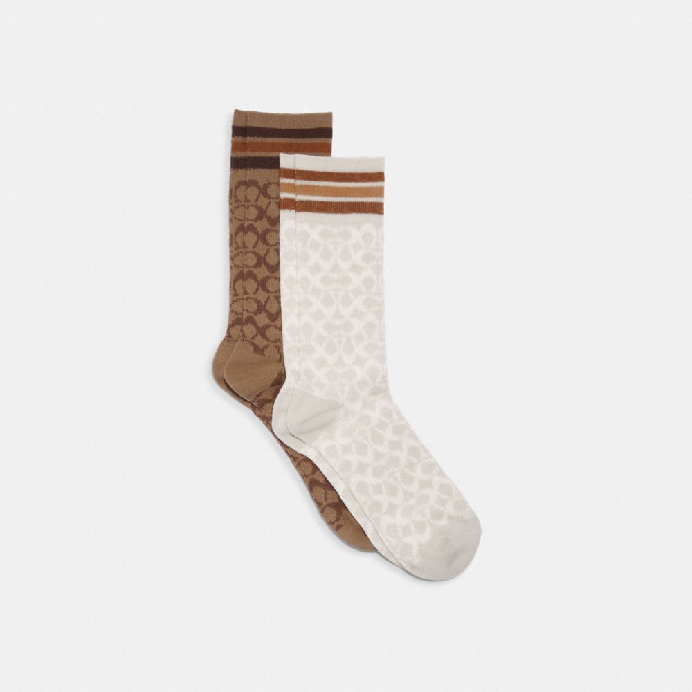 COACH CH397 Signature Calf Length Socks KHAKI/CHALK