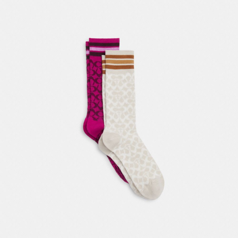 COACH CH397 Signature Calf Socks DEEP BERRY/CHALK