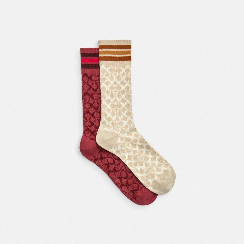COACH CH397 Signature Calf Socks ROUGE/CHALK
