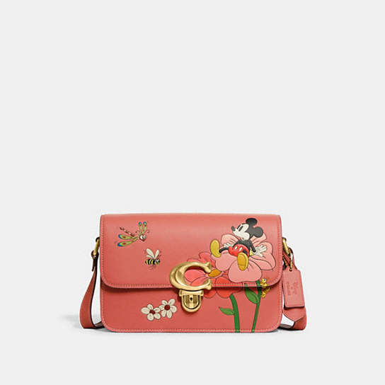 CH413 - Disney X Coach Studio Shoulder Bag With Mickey Mouse And Flowers Brass/Burnt Coral