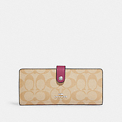 COACH CH414 Slim Wallet In Signature Canvas SILVER/LT KHAKI/LT RASPBERRY