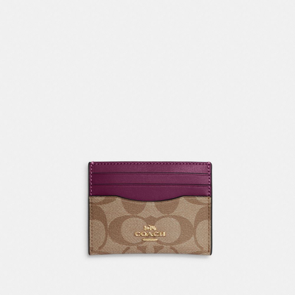 COACH CH415 Slim Id Card Case In Signature Canvas GOLD/KHAKI/DEEP BERRY