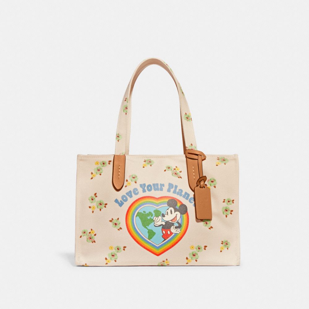 CH419 - Disney X Coach Tote 30 In 100 Percent Recycled Canvas With Floral Print And Mickey Mouse Brass/Ivory