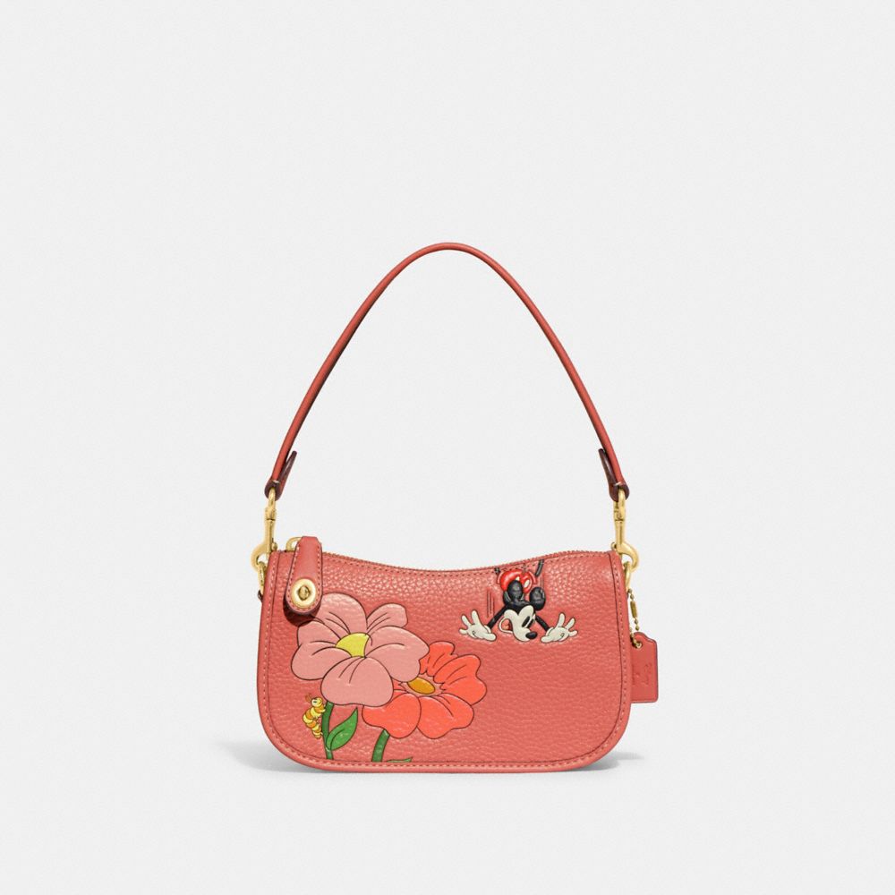 COACH CH464 Disney X Coach Swinger 20 In Regenerative Leather With Mickey Mouse And Flowers Brass/Burnt Coral