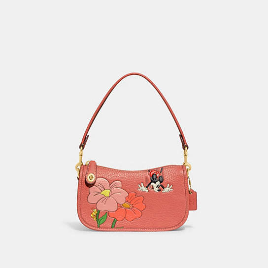CH464 - Disney X Coach Swinger 20 In Regenerative Leather With Mickey Mouse And Flowers Brass/Burnt Coral