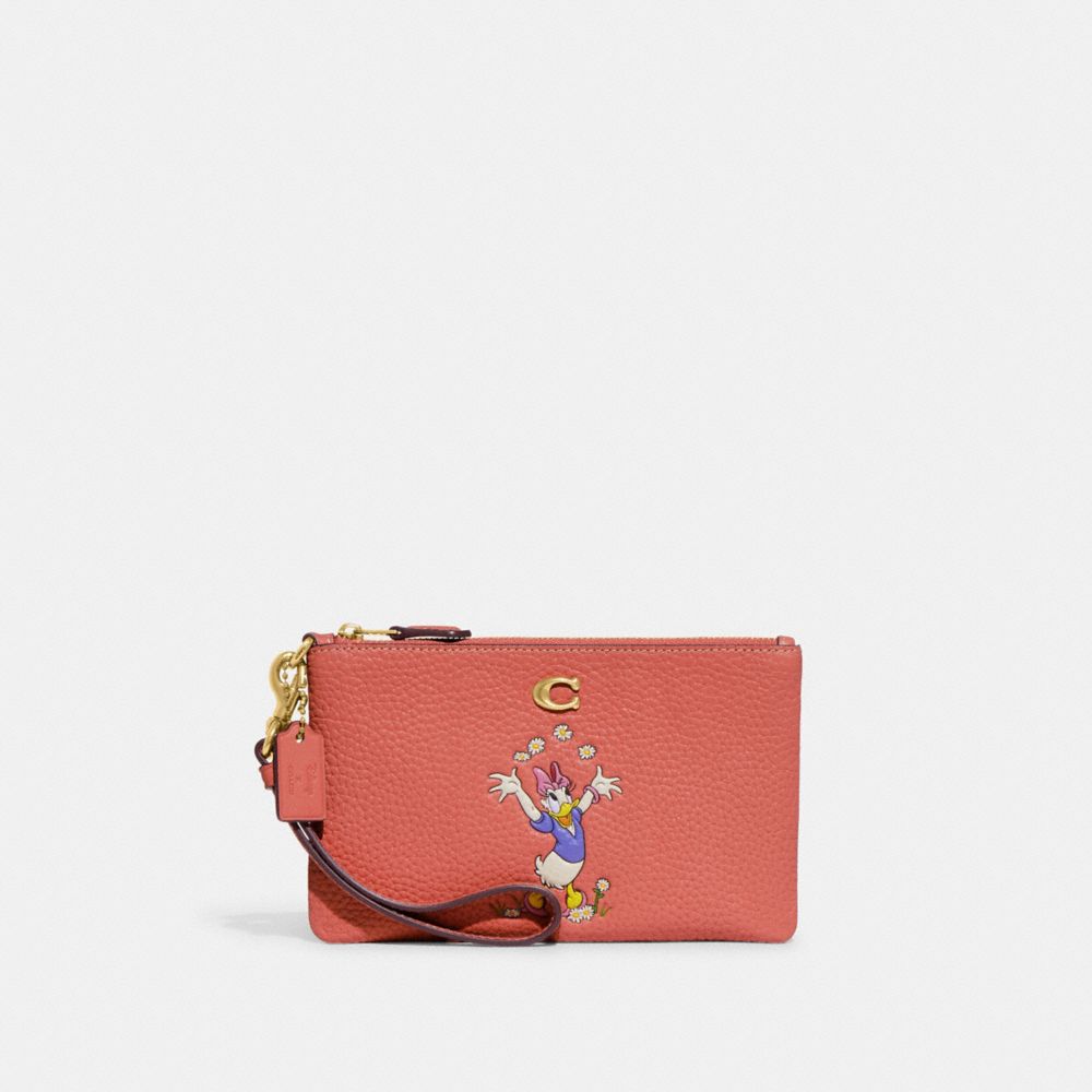 COACH CH470 Disney X Coach Small Wristlet In Regenerative Leather With Daisy Duck BRASS/BURNT CORAL