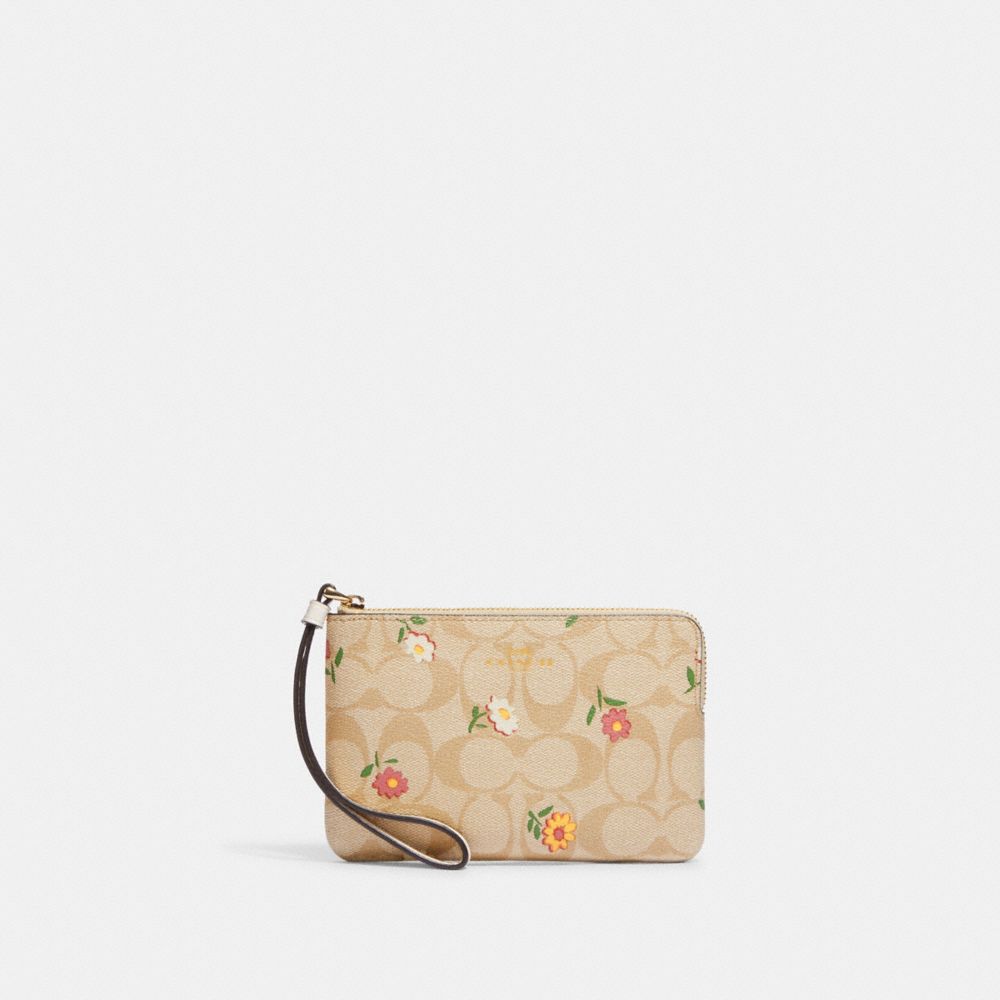 COACH CH478 Corner Zip Wristlet In Signature Canvas With Nostalgic Ditsy Print Gold/Light Khaki Multi