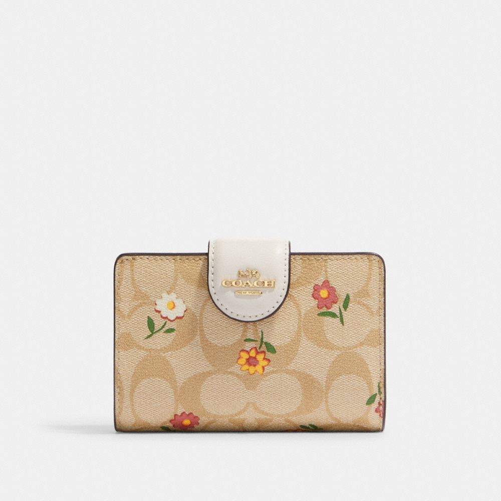 COACH CH480 Medium Corner Zip Wallet In Signature Canvas With Nostalgic Ditsy Print Gold/Light Khaki Multi