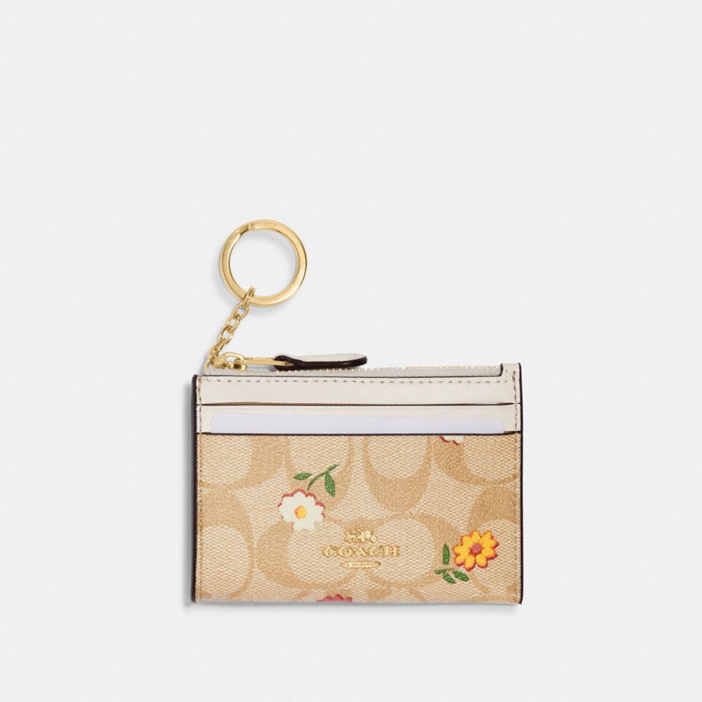 COACH CH481 Mini Skinny Id Case In Signature Canvas With Nostalgic Ditsy Print Gold/Light Khaki Multi