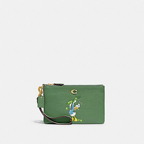 COACH CH499 Disney X Coach Small Wristlet In Regenerative Leather With Donald Duck Brass/Soft-Green