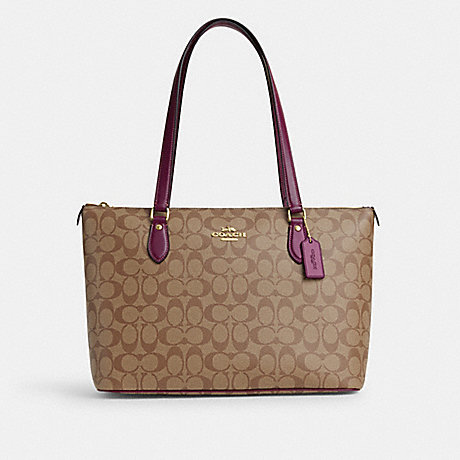 COACH CH504 Gallery Tote In Signature Canvas Gold/Khaki/Deep-Berry