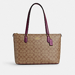 COACH CH504 Gallery Tote In Signature Canvas GOLD/KHAKI/DEEP BERRY