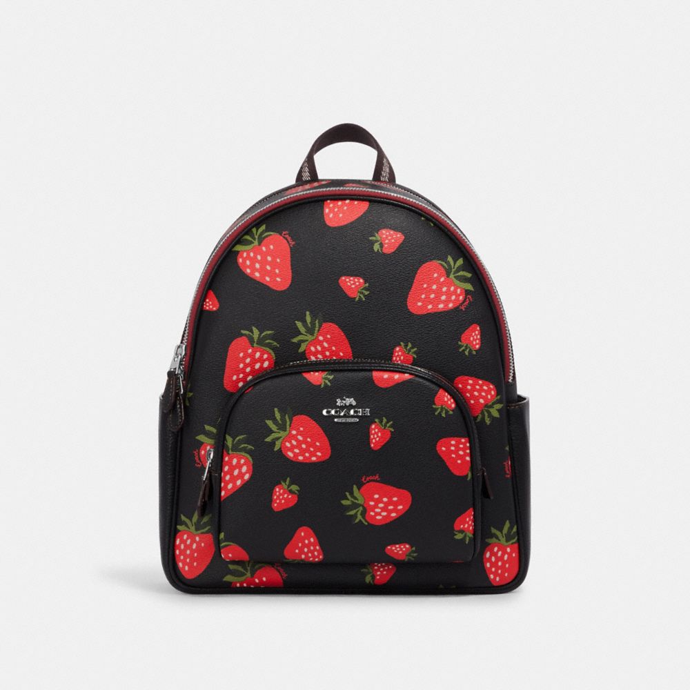 COACH CH509 Court Backpack With Wild Strawberry Print SILVER/BLACK MULTI