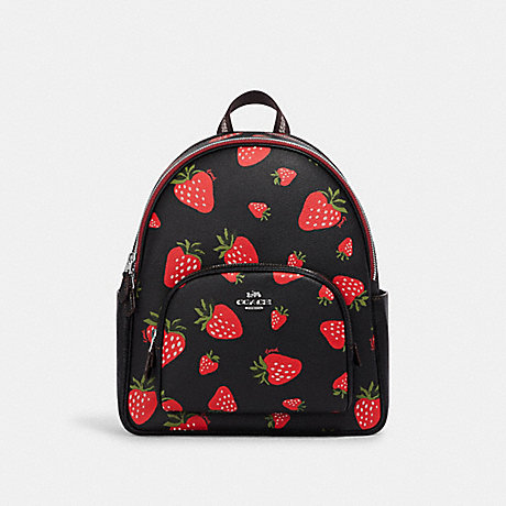 COACH CH509 Court Backpack With Wild Strawberry Print Silver/Black Multi